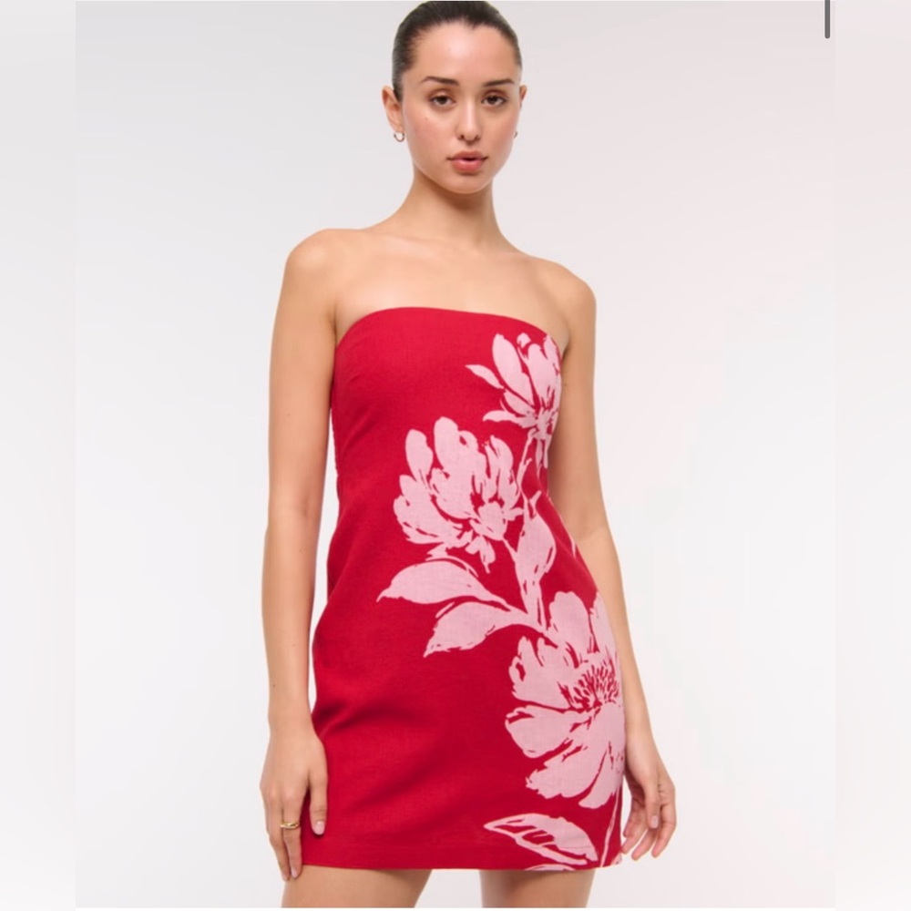 Abercrombie & Fitch Red Strapless Floral Mini Dress with Pink Print